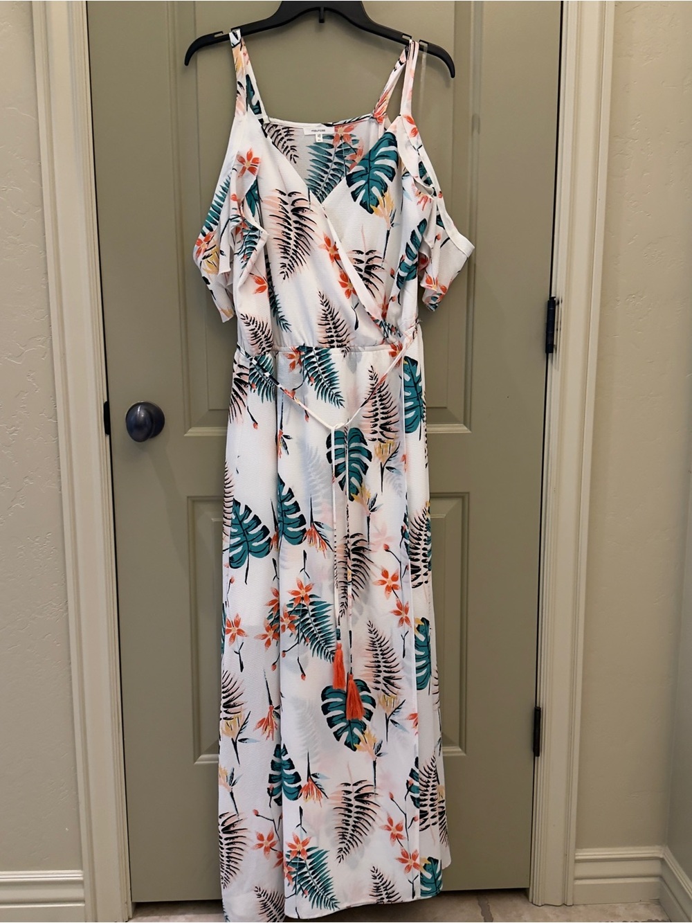 Maurices White Maxi Dress with Teal Green & Coral Floral Print